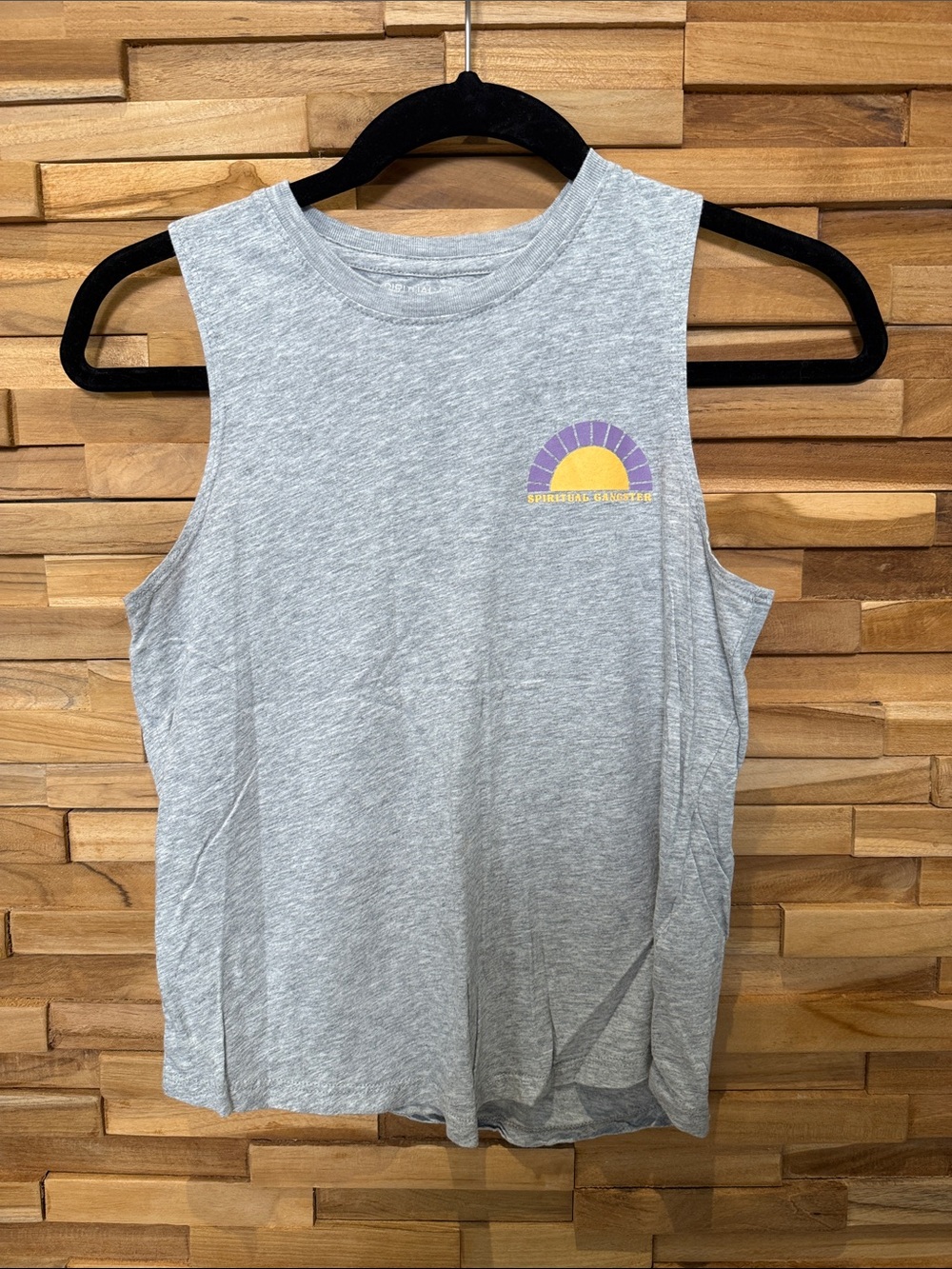 Spiritual Gangster Sleeveless Heather Gray Graphic Tank with Purple & Yellow Sun
